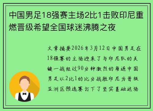 中国男足18强赛主场2比1击败印尼重燃晋级希望全国球迷沸腾之夜 中国男足18强赛主场2比1击败印尼重燃晋级希望全国球迷沸腾之夜