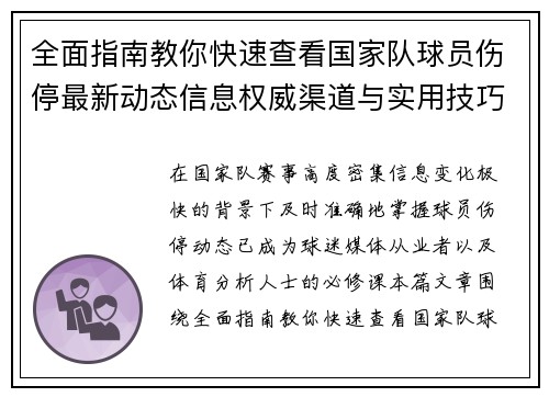 全面指南教你快速查看国家队球员伤停最新动态信息权威渠道与实用技巧 全面指南教你快速查看国家队球员伤停最新动态信息权威渠道与实用技巧